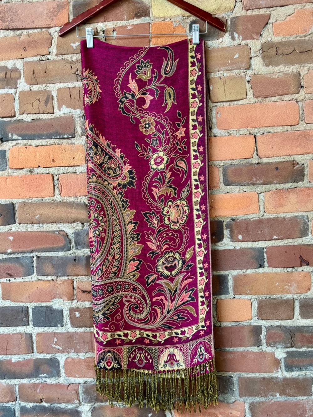 Magneta Paisley Pashmina & Silk Shawl with Gold Green Fringe. 72”x 28”